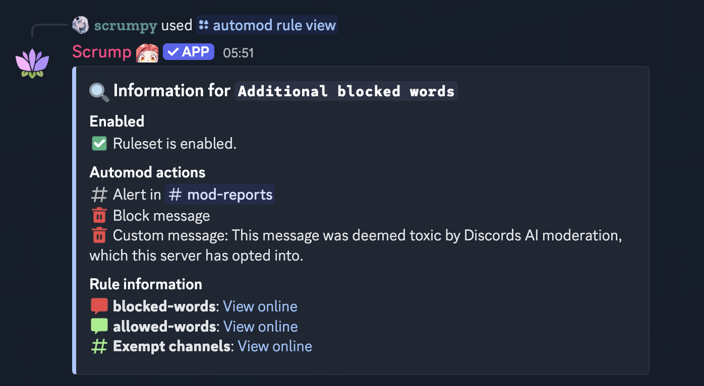 Auto-moderation dashboard showing filter settings