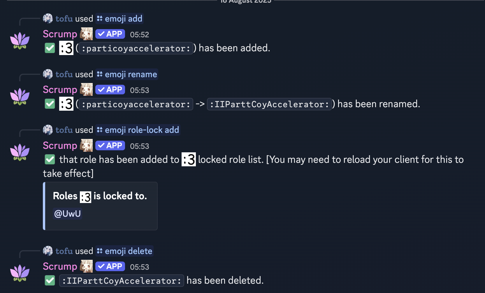 Emoji management interface showing custom server emojis